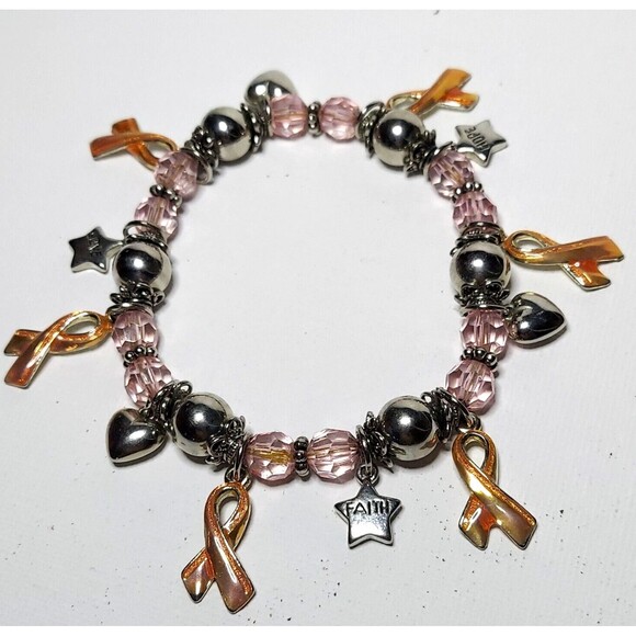 Breast Cancer Bracelet with charms Stretch 7-8" - Picture 1 of 4